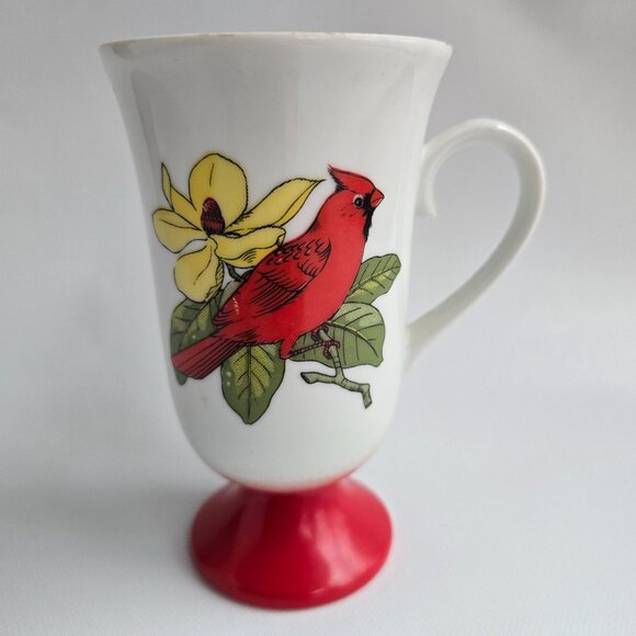 Vintage White Ceramic Mug With Red Cardinal On Yellow Flower Blossom Branch